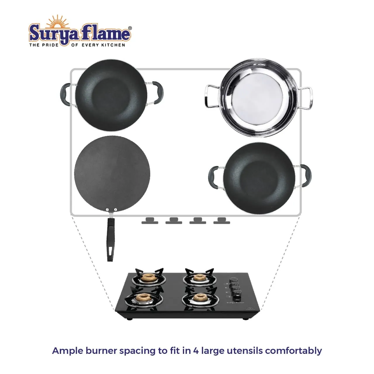 Surya Flame Apollo Round Hob Top 4 Burners Manual Glass Stove | LPG Gas Dual Layer Rubber Hose Pipe 1.5M | Premier Stainless Steel Gas Lighter with Knife