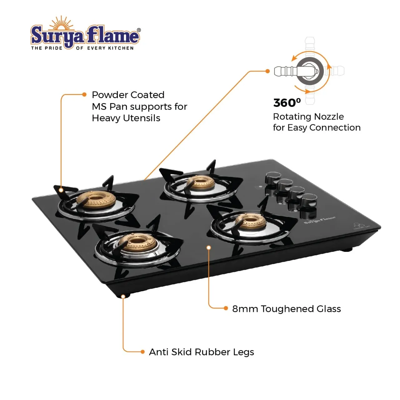 Surya Flame Apollo Round Hob Top 4 Burners Manual Glass Stove | LPG Gas Dual Layer Rubber Hose Pipe 1.5M | Premier Stainless Steel Gas Lighter with Knife