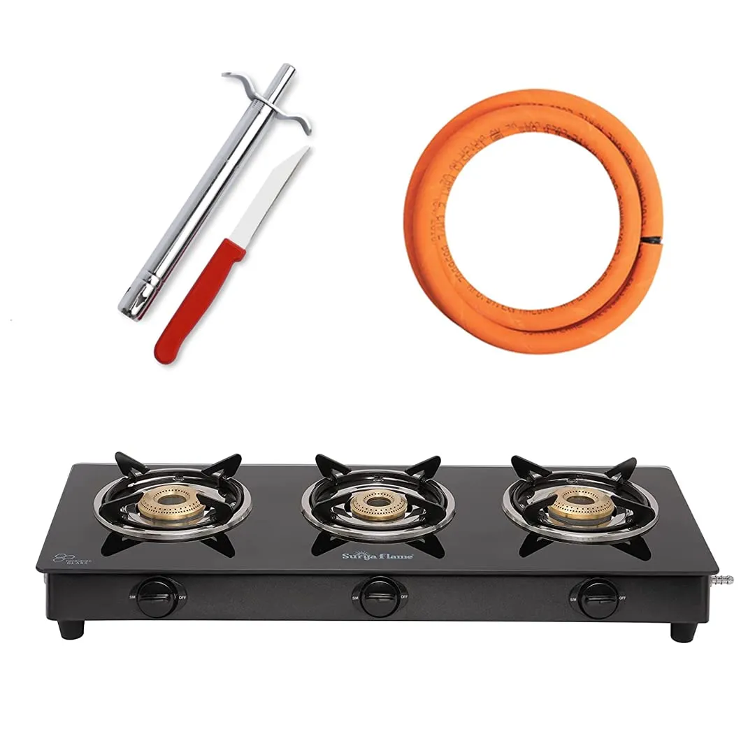 Surya Flame Lifestyle Gas Stove 3 Burners Glass Top LPG Stove | LPG Gas Dual Layer Rubber Hose Pipe 1.5M | Premier Stainless Steel Gas Lighter with Knife