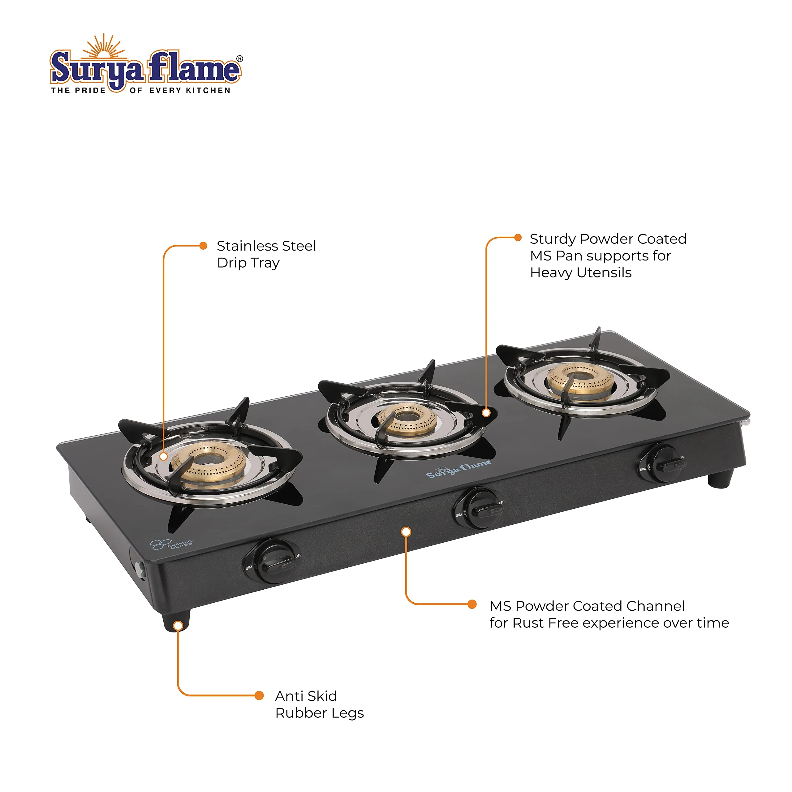 Surya Flame Lifestyle Gas Stove 3 Burners Glass Top LPG Stove | LPG Gas Dual Layer Rubber Hose Pipe 1.5M | Premier Stainless Steel Gas Lighter with Knife