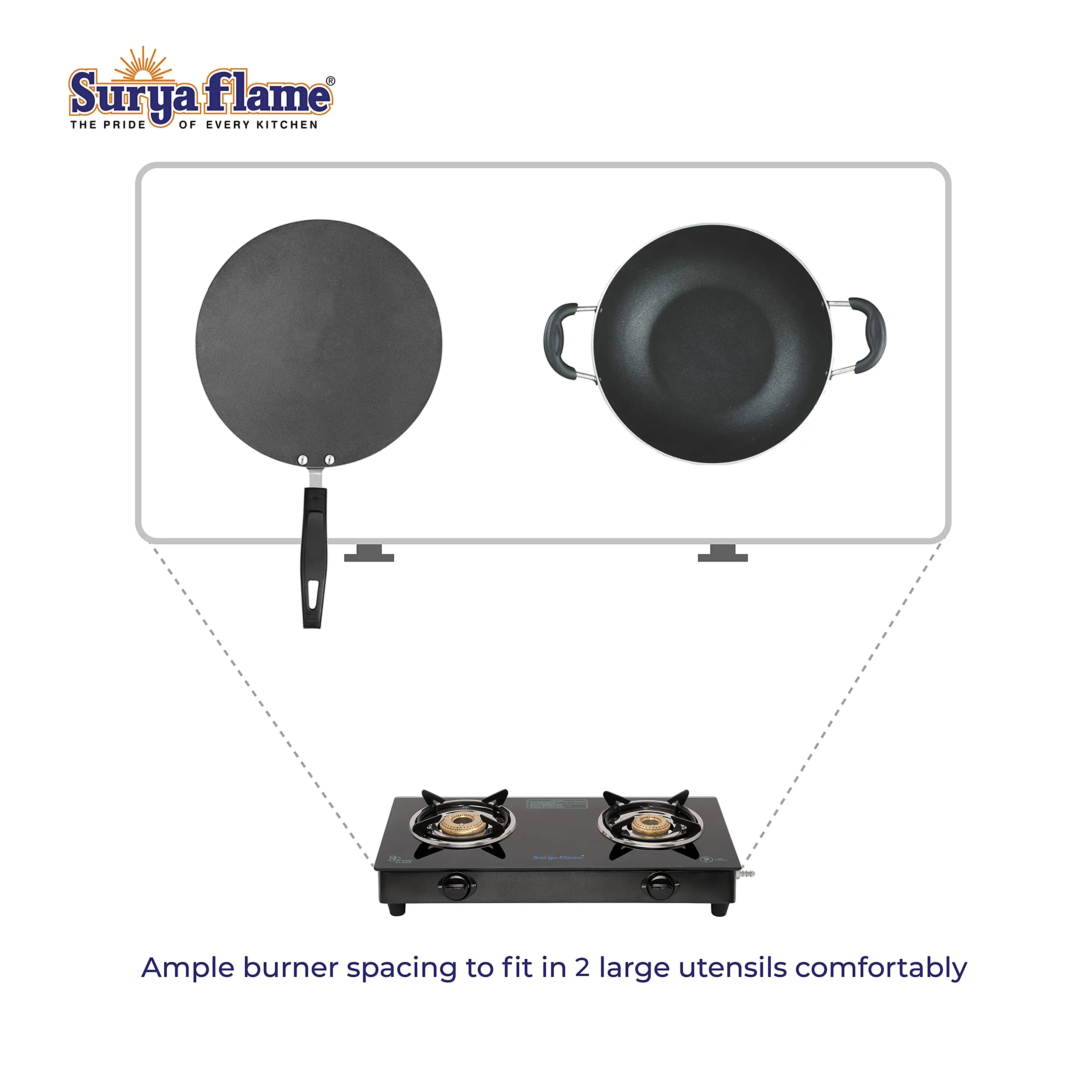 Surya Flame LPG Gas Stove 2 Burner Glass Top Lifestyle Cooktop With BIS Certified Doorstep Warranty 2 Years (Black)