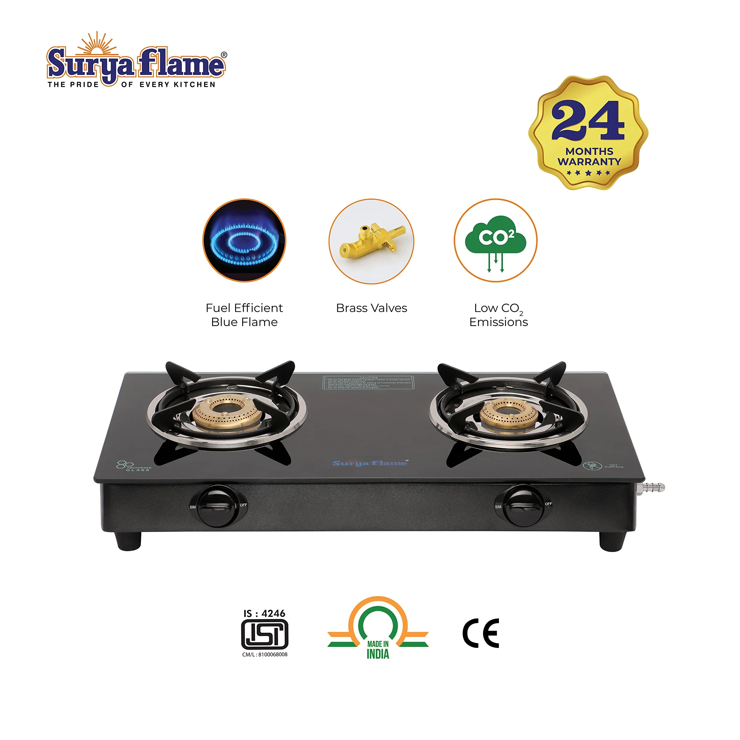 Surya Flame LPG Gas Stove 2 Burner Glass Top Lifestyle Cooktop With BIS Certified Doorstep Warranty 2 Years (Black)