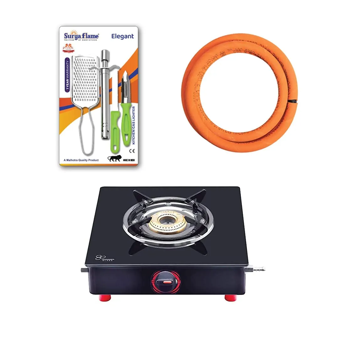 Surya Flame Smart Gas Stove 1 Burner Glass Top LPG Stove | LPG Gas Dual Layer Rubber Hose Pipe 1.5M | Stainless Steel Elegant Gas Stove Lighter With Knife, Peeler Knife and Shredder (Pack of 4)