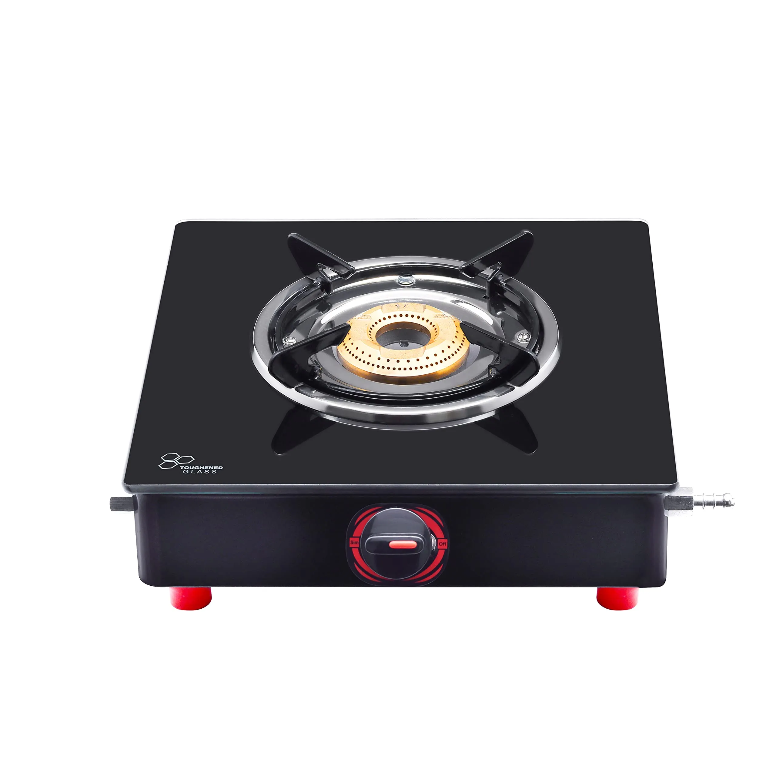 Surya Flame Smart Gas Stove 1 Burner Glass Top LPG Stove | LPG Gas Dual Layer Rubber Hose Pipe 1.5M | Stainless Steel Elegant Gas Stove Lighter With Knife, Peeler Knife and Shredder (Pack of 4)