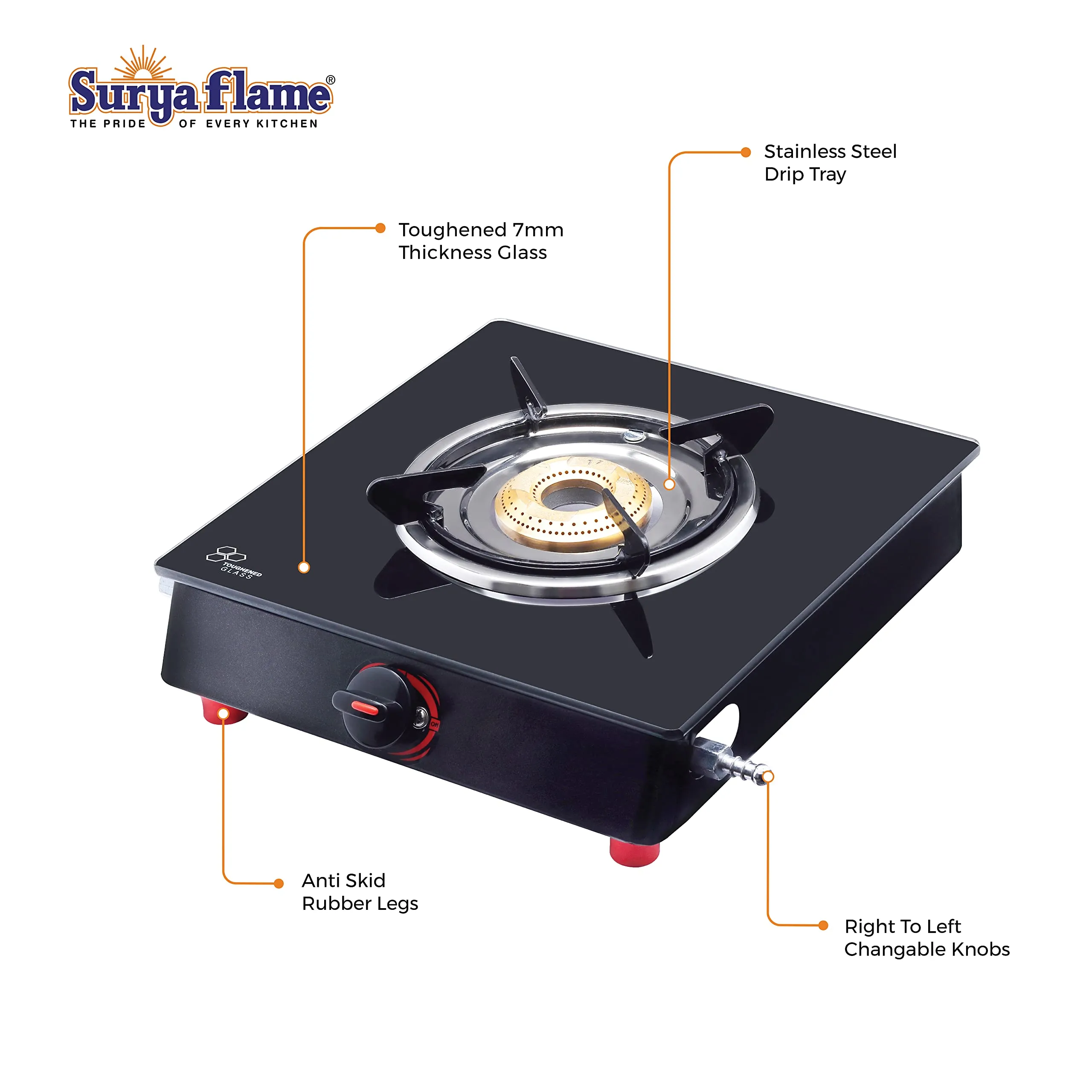 Surya Flame Smart Gas Stove 1 Burner Glass Top LPG Stove | LPG Gas Dual Layer Rubber Hose Pipe 1.5M | Stainless Steel Elegant Gas Stove Lighter With Knife, Peeler Knife and Shredder (Pack of 4)