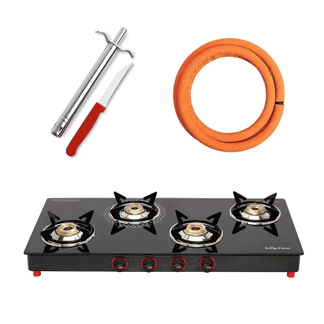 Surya Flame Smart Gas Stove 4 Burners Glass Top LPG Gas Stove | LPG Gas Dual Layer Rubber Hose Pipe 1.5M | Premier Stainless Steel Gas Lighter with Knife