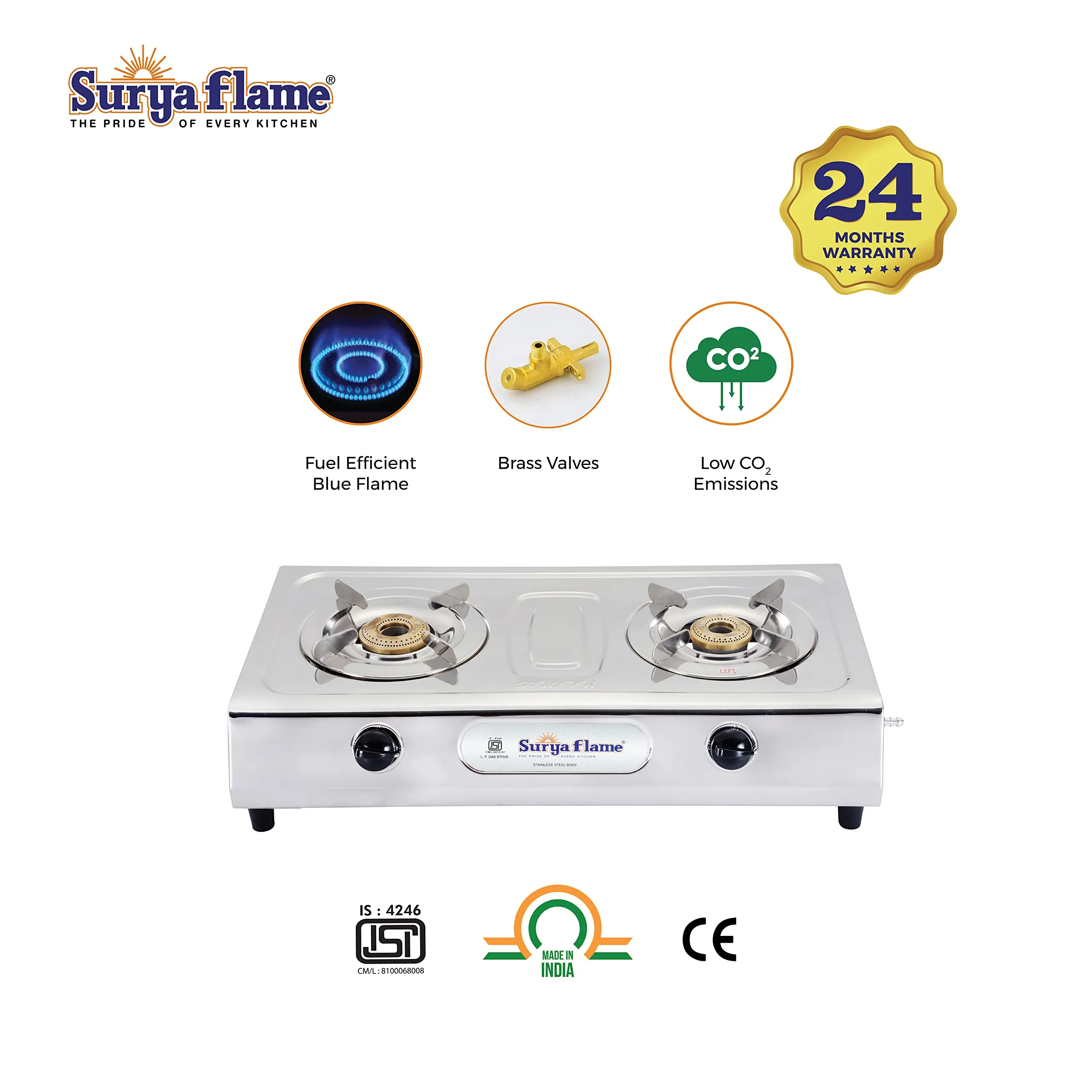 Surya Flame Ultimate Gas Stove 2 Burners | LPG Stove with Stainless Steel Pan Support | Anti Skid Rubber Legs - 2 Years Complete Doorstep Warranty (Manual, 2)