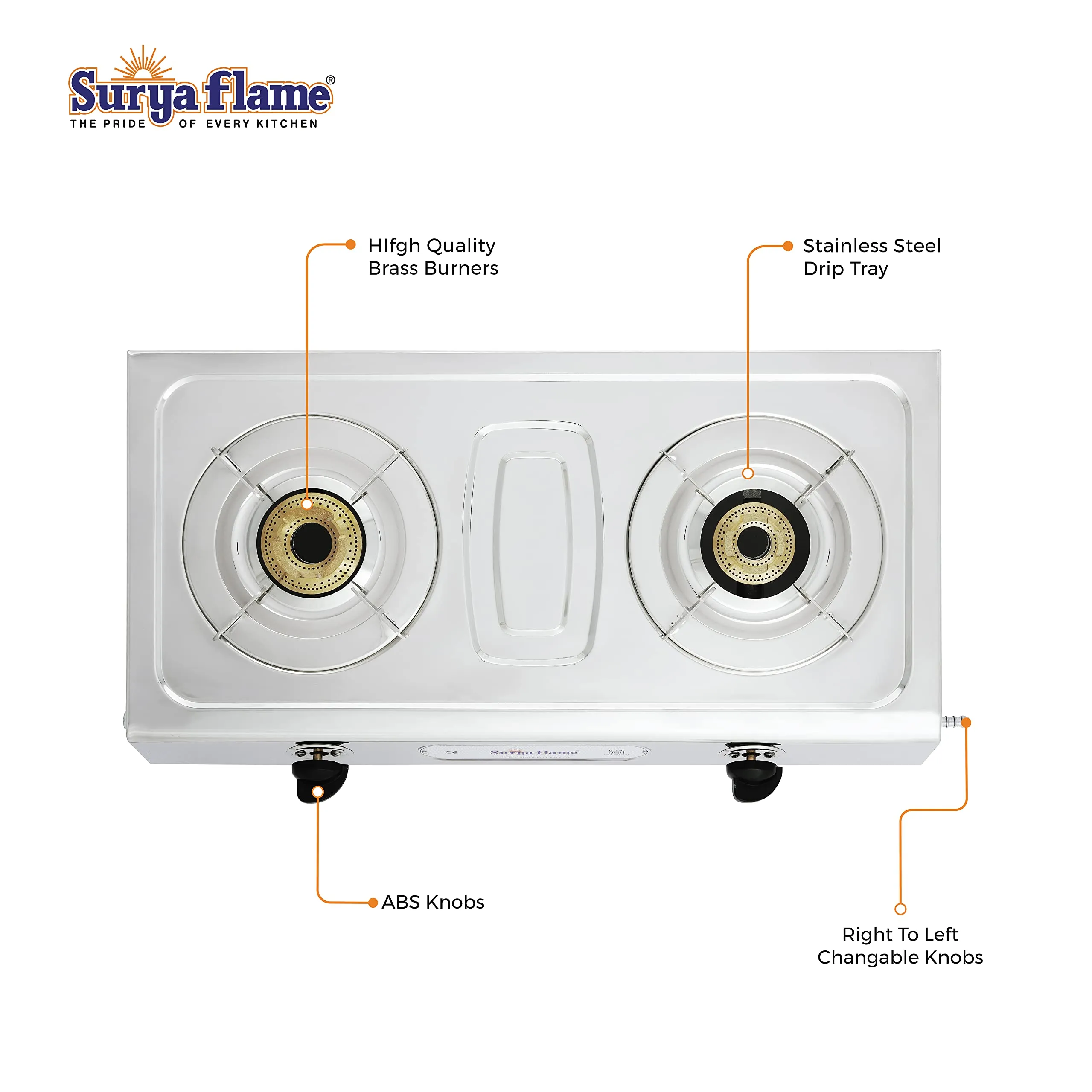 Surya Flame Ultimate Gas Stove 2 Burners | LPG Stove with Stainless Steel Pan Support | Anti Skid Rubber Legs - 2 Years Complete Doorstep Warranty (Manual, 2)