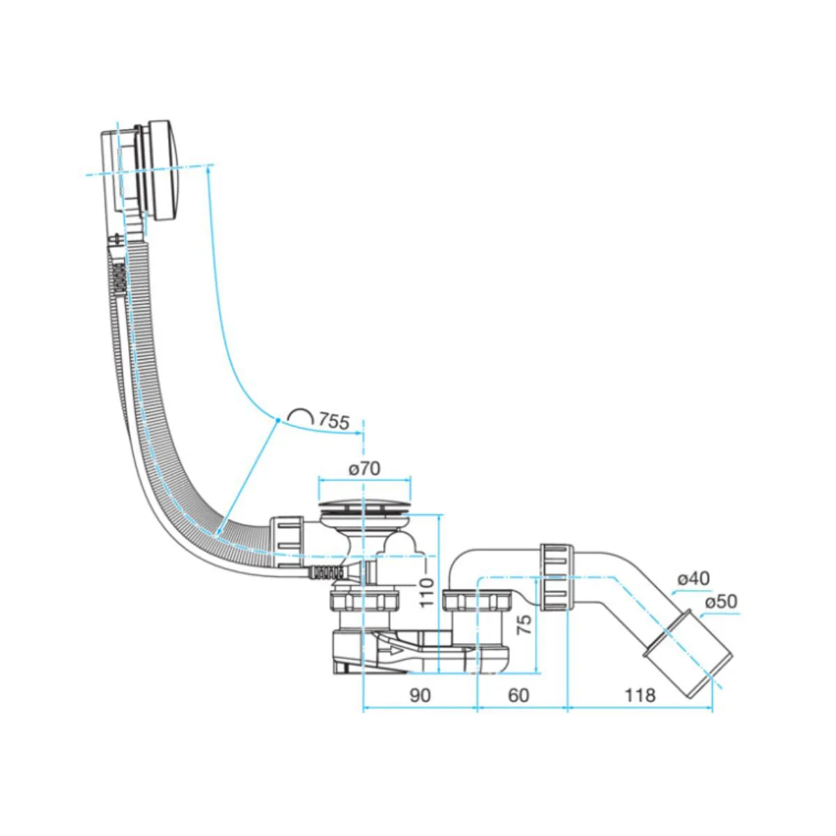 Viega Simplex Extended Bath Waste and Overflow with Odour Trap in Chrome - 595678