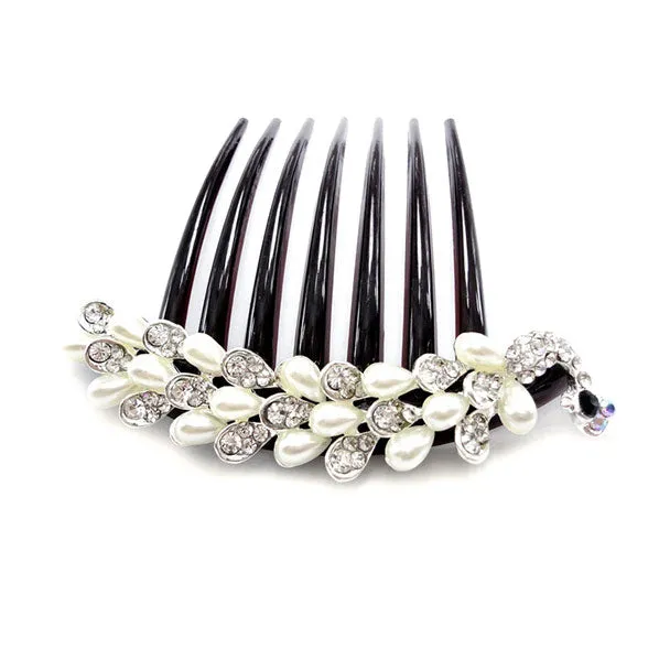 White Pearl & Rhinestone Peacock French Twist Updo Comb